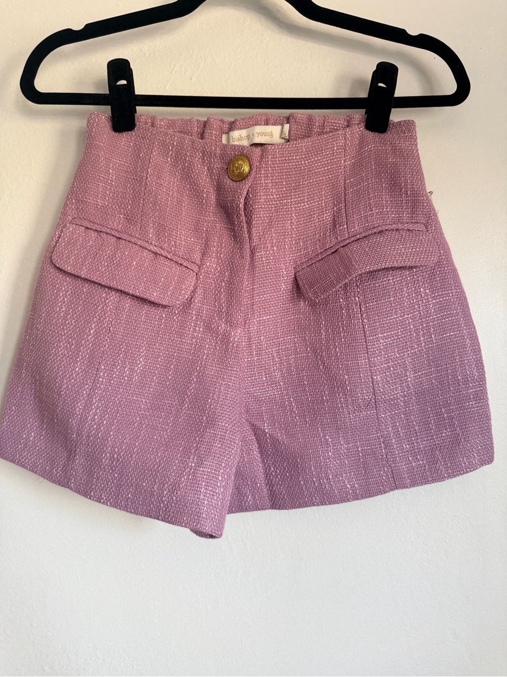 bishop + young Lilac Tweed High-Rise Shorts with Gold Button